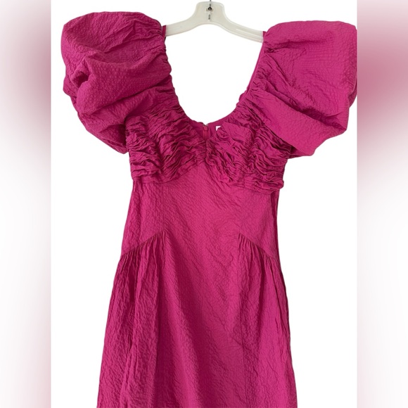 FRAME Pintucked Midi Dress with Puff Sleeves Fuschia Pink size Small - Picture 7 of 12